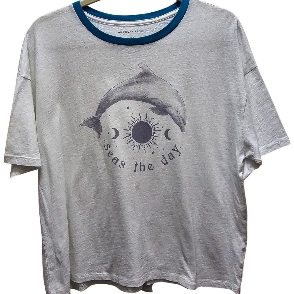 American Eagle Seas‎ The Day Dolphin Celestial Graphic Ringer T-Shirt Large